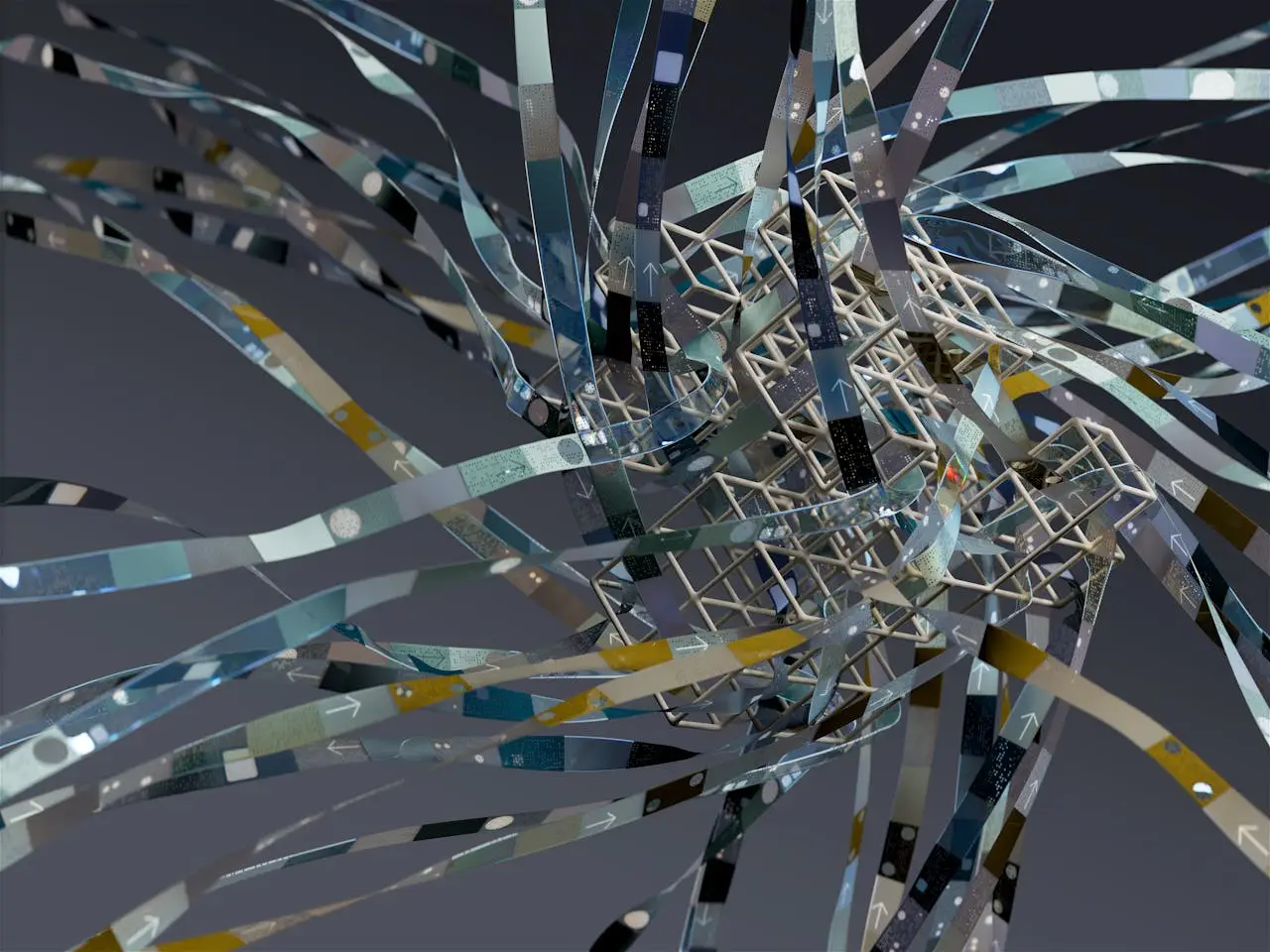 about-03 Intricate wireframe with dynamic ribbons in an abstract 3D composition.